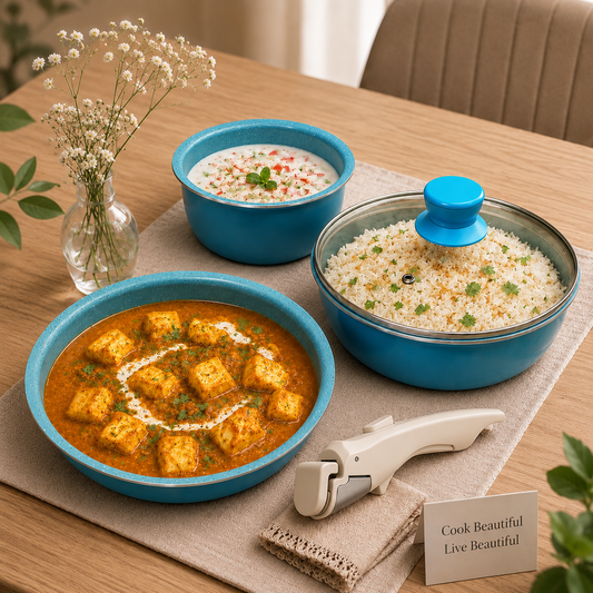 Pathra™ Aqua Blue Premium Non-Stick Cookware Set with Detachable Handle & Glass Lid