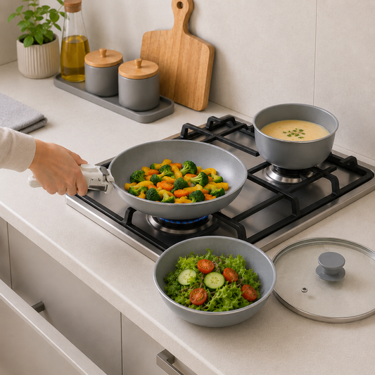 Pathra Grey Premium Non-Stick Cookware Set with Detachable Handle & Glass Lid