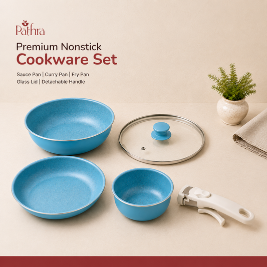 Pathra Aqua Blue Premium Non-Stick Cookware Set with Detachable Handle & Glass Lid