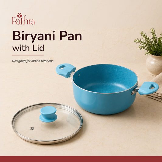 Pathra Aqua Blue Non-Stick Biryani Pan with Glass Lid | Deep Cooking Kadhai for Indian Kitchens