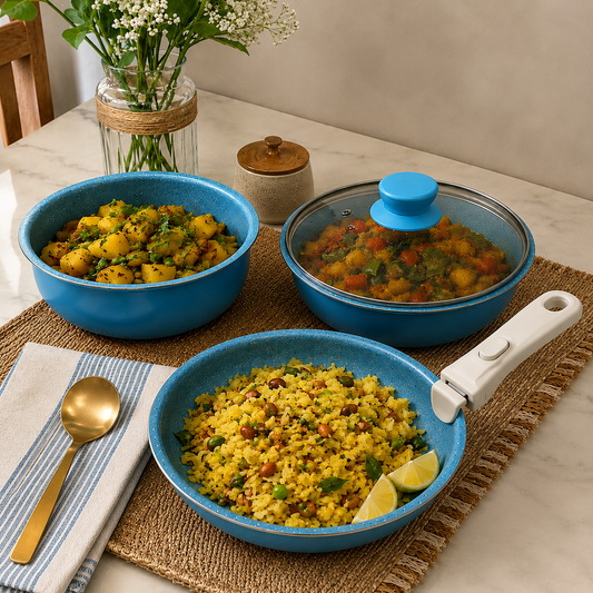 Pathra™ Aqua Blue Premium Non-Stick Cookware Set with Detachable Handle & Glass Lid
