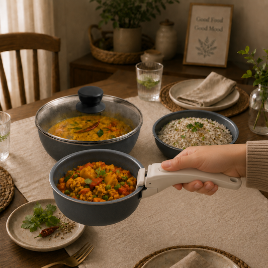 Pathra™ Grey Premium Non-Stick Cookware Set with Detachable Handle & Glass Lid