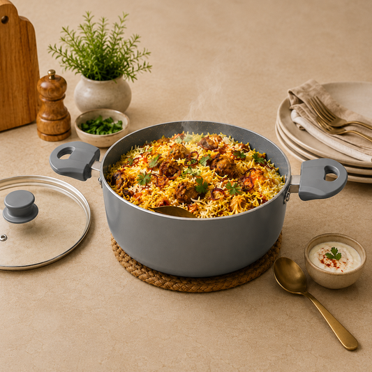 Pathra Grey Non-Stick Biryani Pan with Glass Lid | Deep Cooking Kadhai for Indian Kitchens