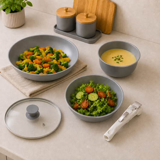 Pathra Grey Premium Non-Stick Cookware Set with Detachable Handle & Glass Lid
