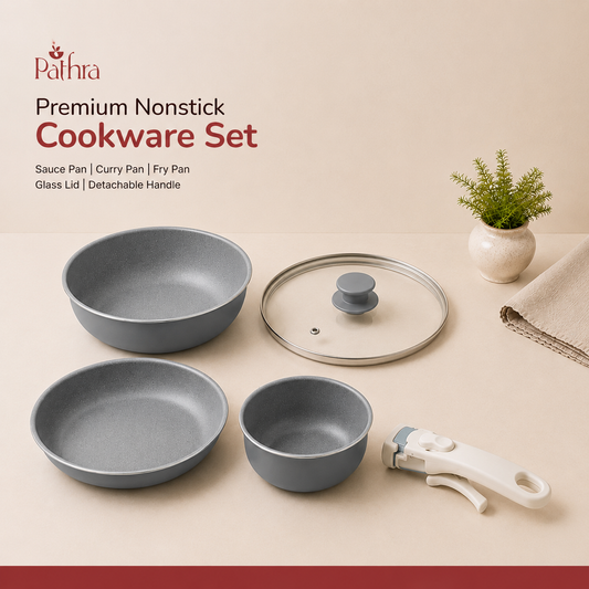 Pathra Grey Premium Non-Stick Cookware Set with Detachable Handle & Glass Lid