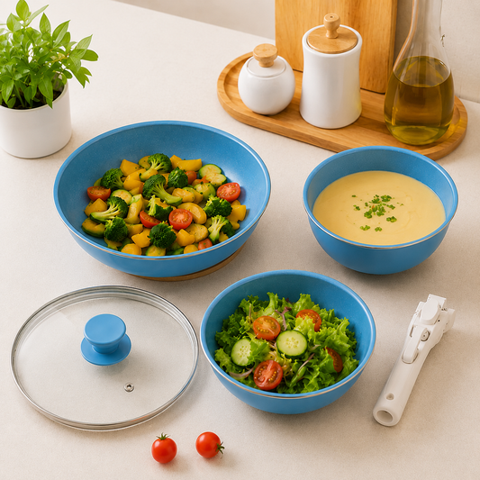 Pathra Aqua Blue Premium Non-Stick Cookware Set with Detachable Handle & Glass Lid