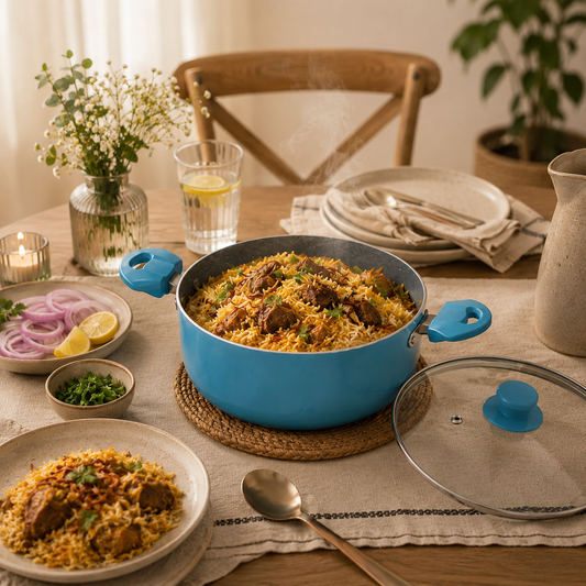 Pathra Aqua Blue Non-Stick Biryani Pan with Glass Lid | Deep Cooking Kadhai for Indian Kitchens