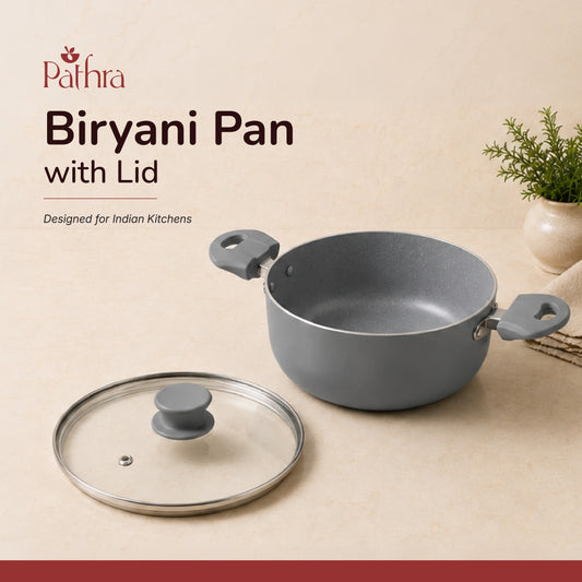 Pathra Grey Non-Stick Biryani Pan with Glass Lid | Deep Cooking Kadhai for Indian Kitchens
