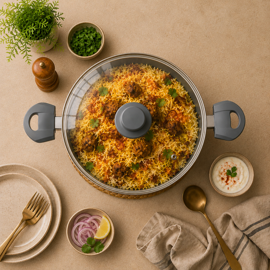 Pathra Grey Non-Stick Biryani Pan with Glass Lid | Deep Cooking Kadhai for Indian Kitchens