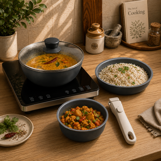 Pathra™ Grey Premium Non-Stick Cookware Set with Detachable Handle & Glass Lid